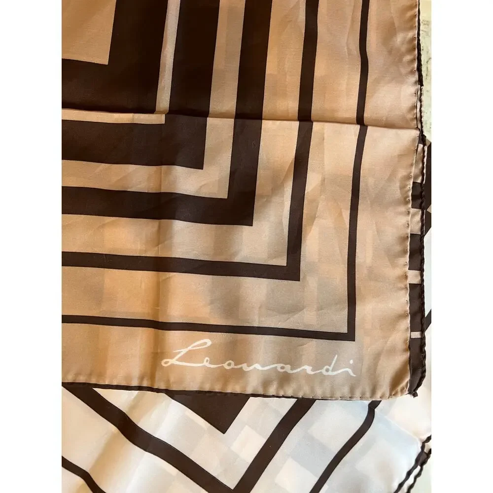Vintage 70s Leonardi mod print scarf taupe chocolate brown